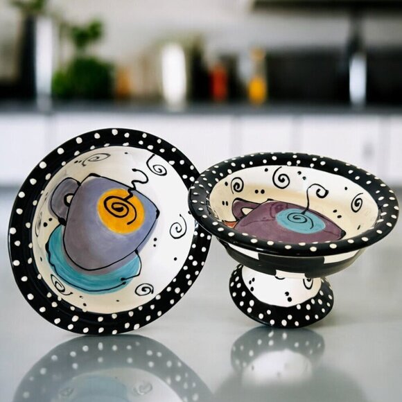 Set of 2 Bowls on Pedestal  With Love By Joanne Delomba For Lotus Purple Coffee - Picture 4 of 7